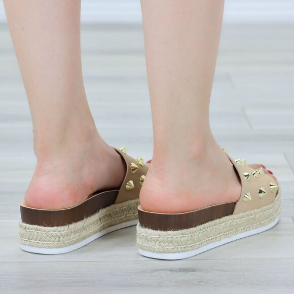 Beige Platform Sandals Gold Studded Slip On Braided Jute Sole Open Toe - Picture 12 of 12